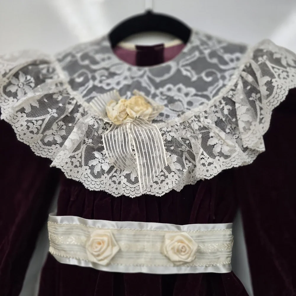 Vintage Sarah Kent Victorian Maroon Ivory Velvet Dress Lace‎ Girls Size 6 Bow